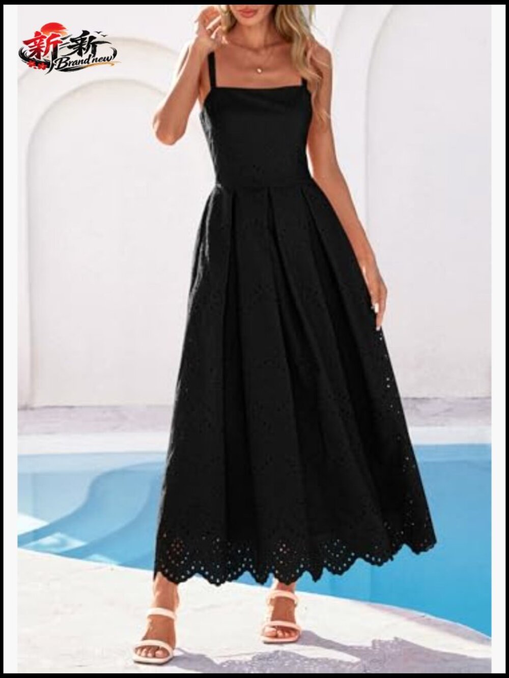 Sleeveless Maxi Dress with Eyelet Square Neck Ruffle Beach Sundress - Picture 6 of 7